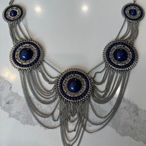 Stately Necklace Multi Chain Spiral Rows Blue Stone